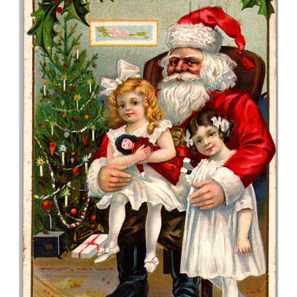 Santa Claus Christmas Postcard Children Tree Lighted Candle Embossed Stecher 227